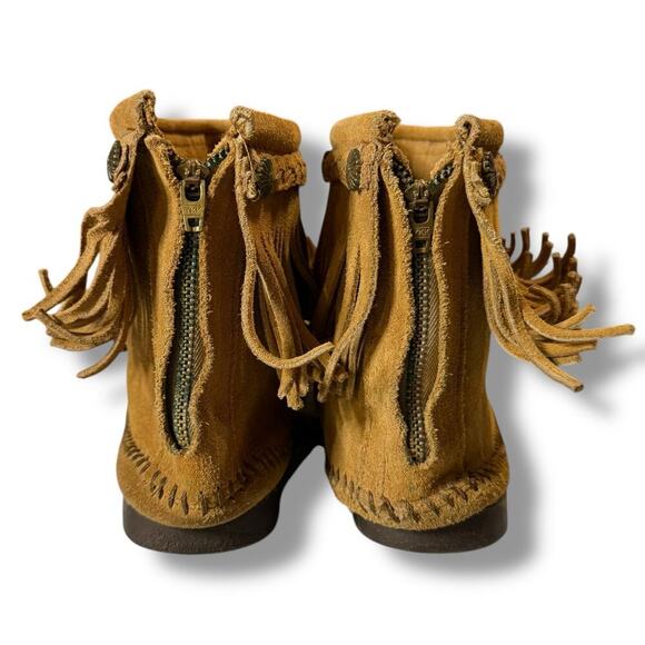 Minnetonka Moccasins Womens Tan Brown Suede Western Ankle Fringe Zip Back Size 9 - Picture 4 of 11